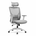 Chaise de bureau ergonomique grise et blanche en maille avec appuie-tête, accoudoirs et dossier incurvé, 68 x 68 x 116-126 cm