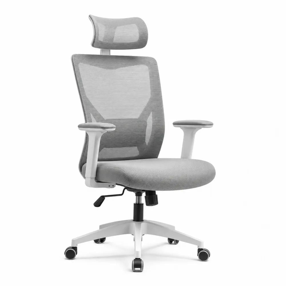 Chaise de bureau ergonomique grise et blanche en maille avec appuie-tête, accoudoirs et dossier incurvé, 68 x 68 x 116-126 cm