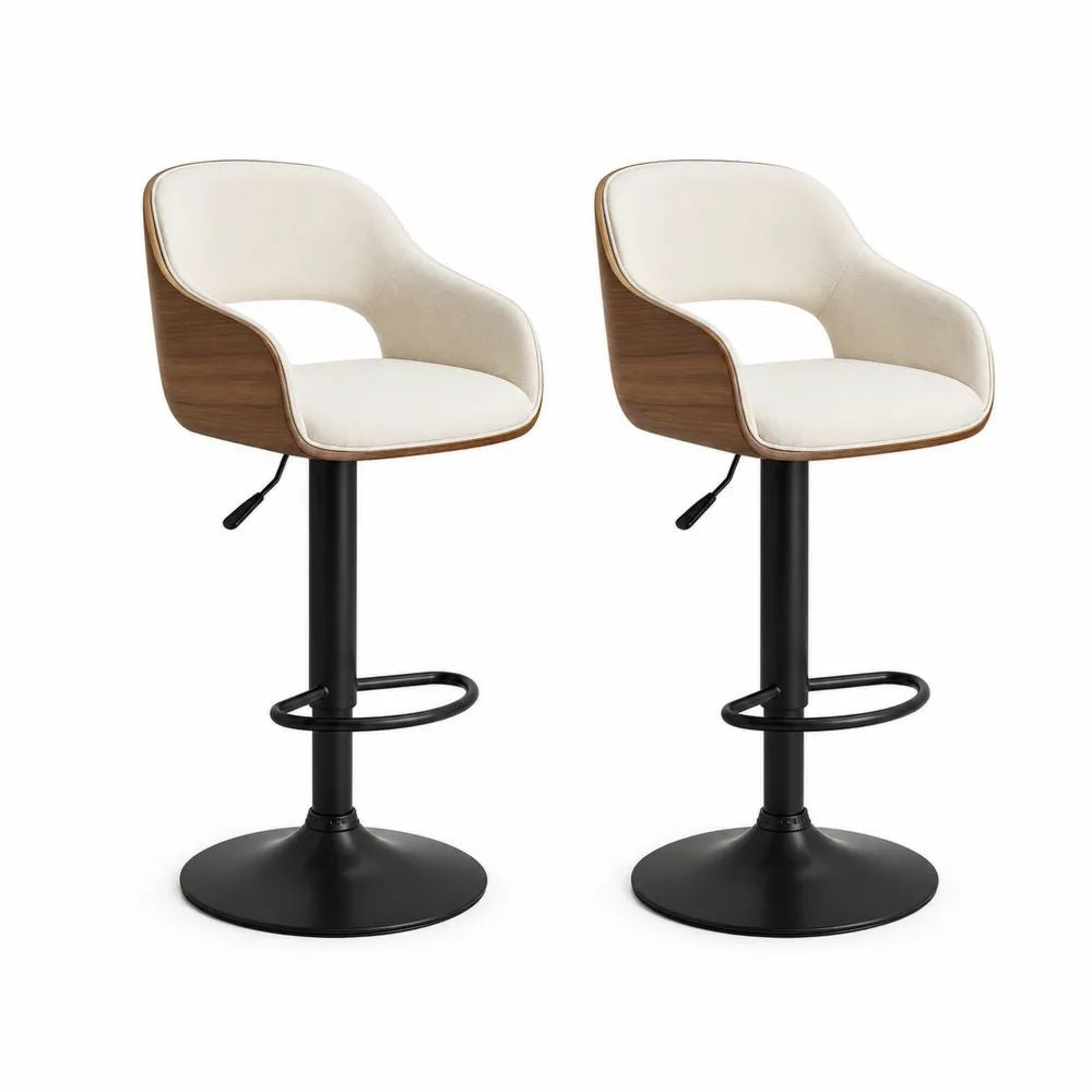 Lot de 2 tabourets de bar réglables et pivotants en similicuir PU crème, bois effet noyer et acier noir, 52 × 49 × 85-106 cm