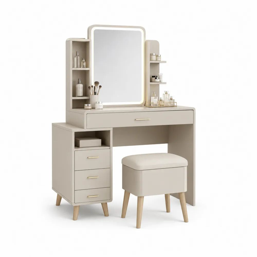 Ensemble coiffeuse rectangulaire en MDF beige clair avec miroir LED, rangements et tabouret en PU, 100 x 40 x 145 cm