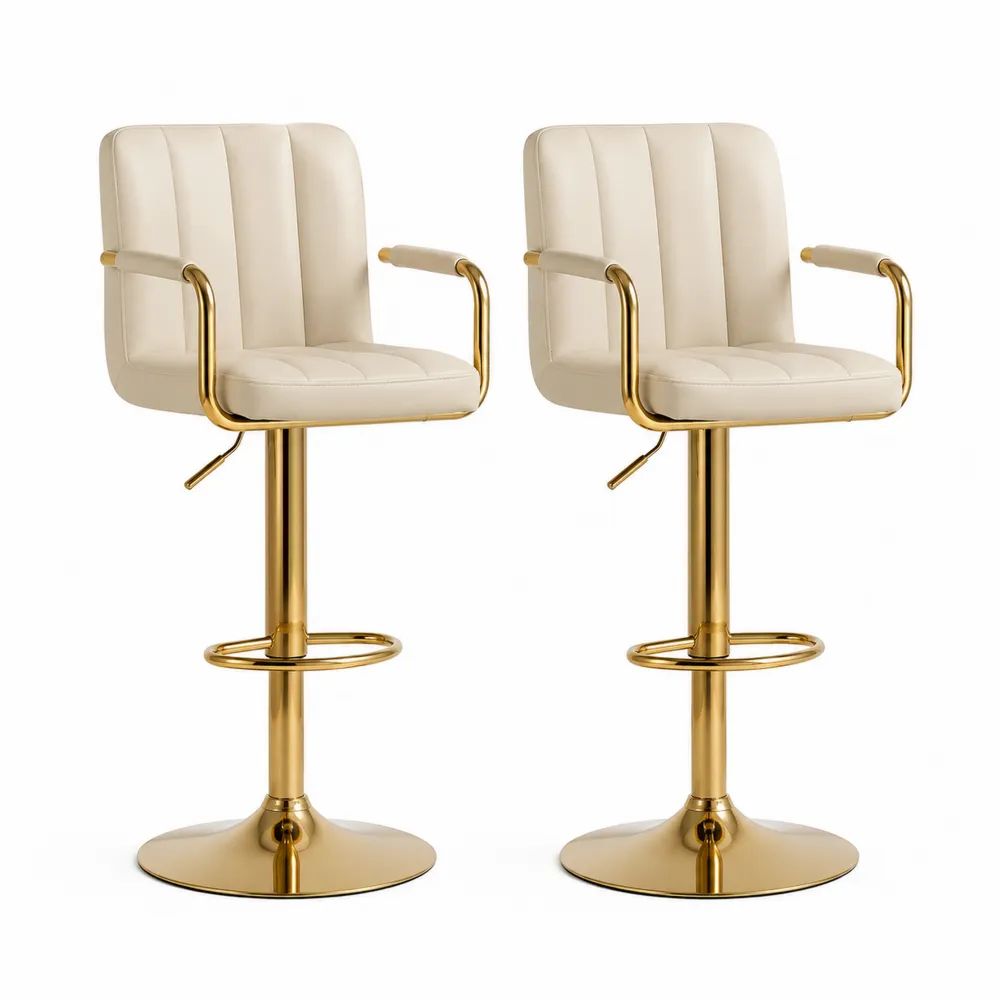 Lot de 2 tabourets de bar réglables et pivotants en similicuir crème et acier doré avec accoudoirs, 54 × 49 × 87–108 cm