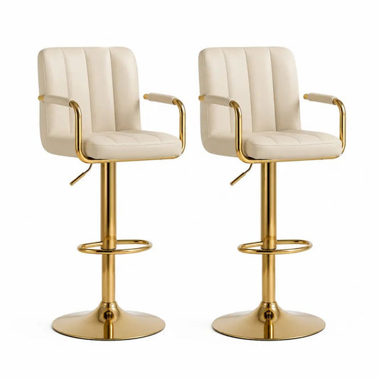 Lot de 2 tabourets de bar réglables et pivotants en similicuir crème et acier doré avec accoudoirs, 54 × 49 × 87–108 cm
