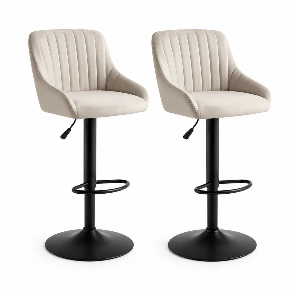 Lot de 2 tabourets de bar réglables et pivotants en velours polyester beige et acier noir, 52 x 51 x 88-108 cm