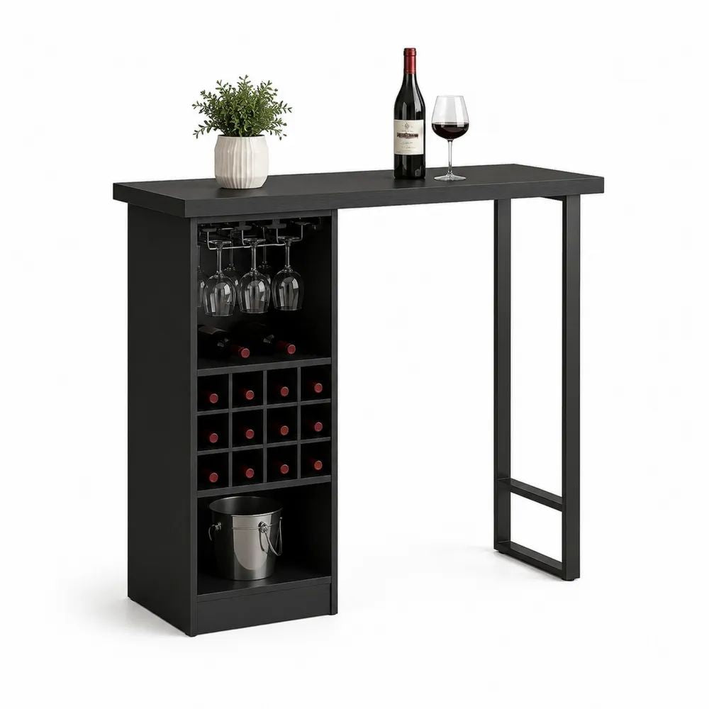 Meuble bar noir avec table haute, porte-bouteilles à 12 compartiments et porte-verres, panneaux de particules et acier, 120 × 40 × 105 cm