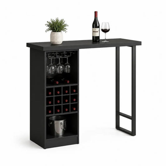 Meuble bar noir avec table haute, porte-bouteilles à 12 compartiments et porte-verres, panneaux de particules et acier, 120 × 40 × 105 cm