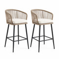 Lot de 2 tabourets de bar en acier et corde de polypropylène avec coussins beige, blanc cassé et noir, 56 × 57 × 105 cm