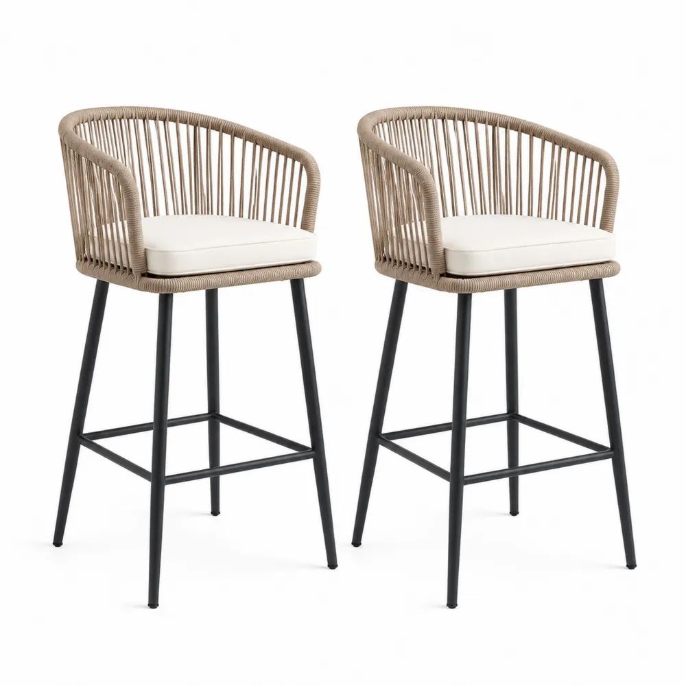 Lot de 2 tabourets de bar en acier et corde de polypropylène avec coussins beige, blanc cassé et noir, 56 × 57 × 105 cm