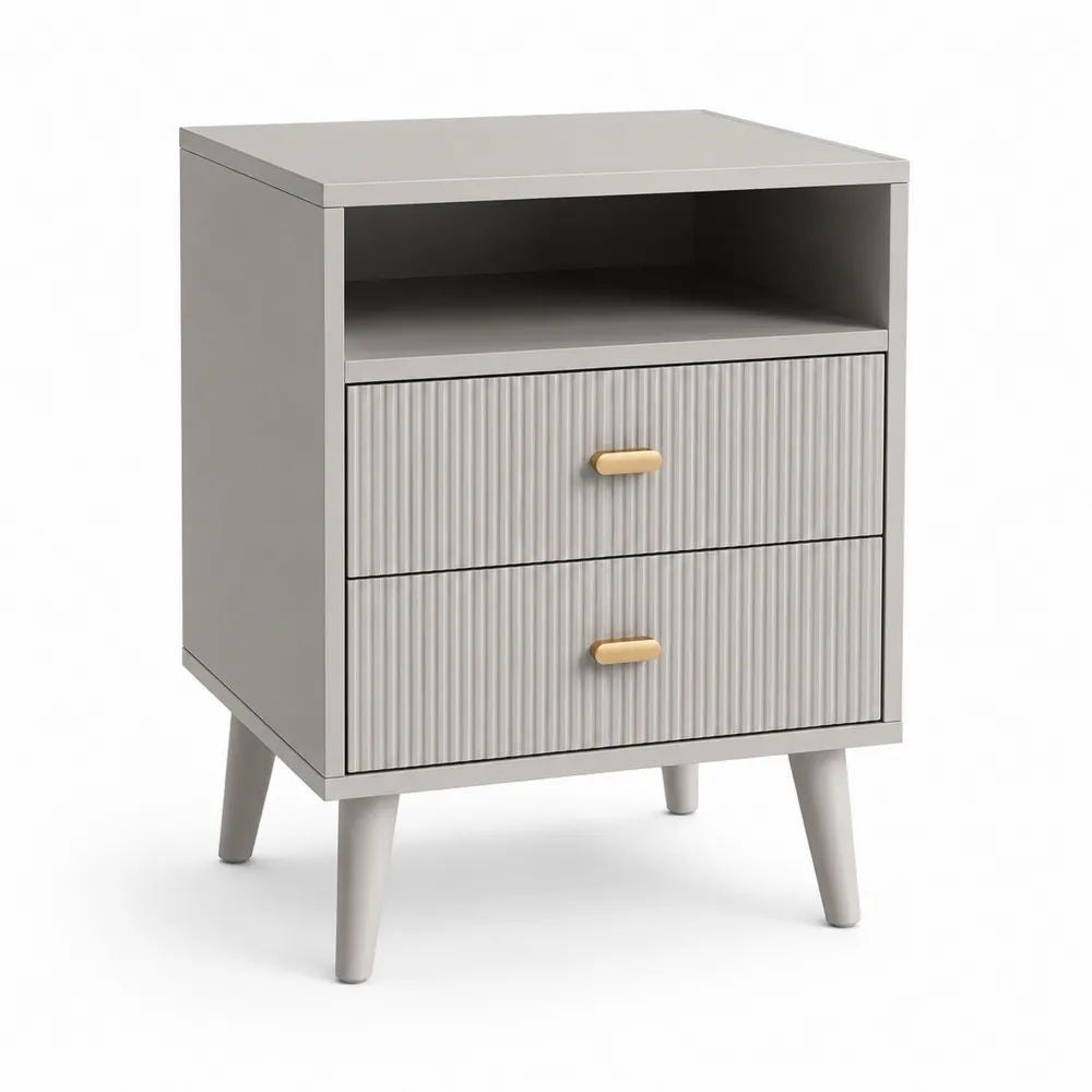 Table de chevet rectangulaire en MDF gris clair et doré avec 2 tiroirs et niche, 45 × 35 × 65 cm