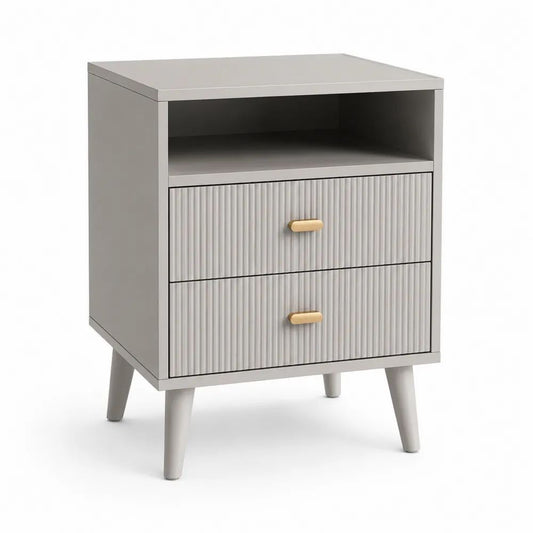 Table de chevet rectangulaire en MDF gris clair et doré avec 2 tiroirs et niche, 45 × 35 × 65 cm