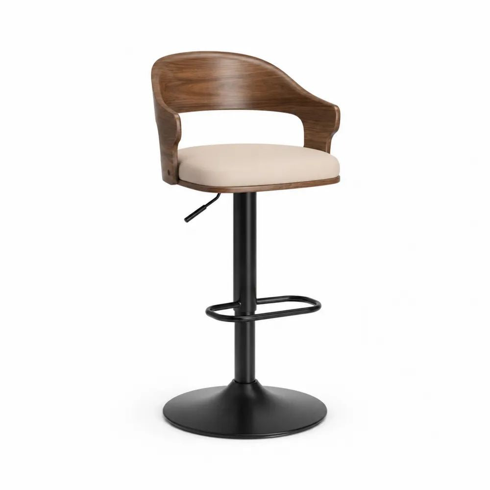Tabouret de bar réglable et pivotant à dossier incurvé en bois, assise en tissu beige et piètement en métal noir, 52 × 50 × 87-108 cm