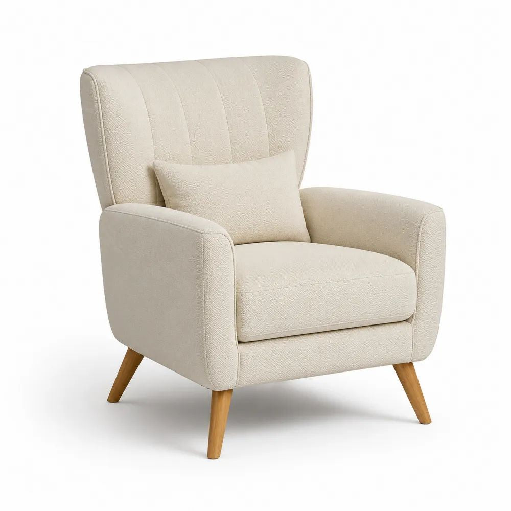 Fauteuil de salon 1 place en polyester tissé écru avec pieds en hévéa massif – 78 x 82 x 98 cm