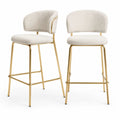 Lot de 2 tabourets de bar en tissu bouclé écru et métal doré avec dossier arrondi, 52 x 53 x 95 cm, assise 65 cm