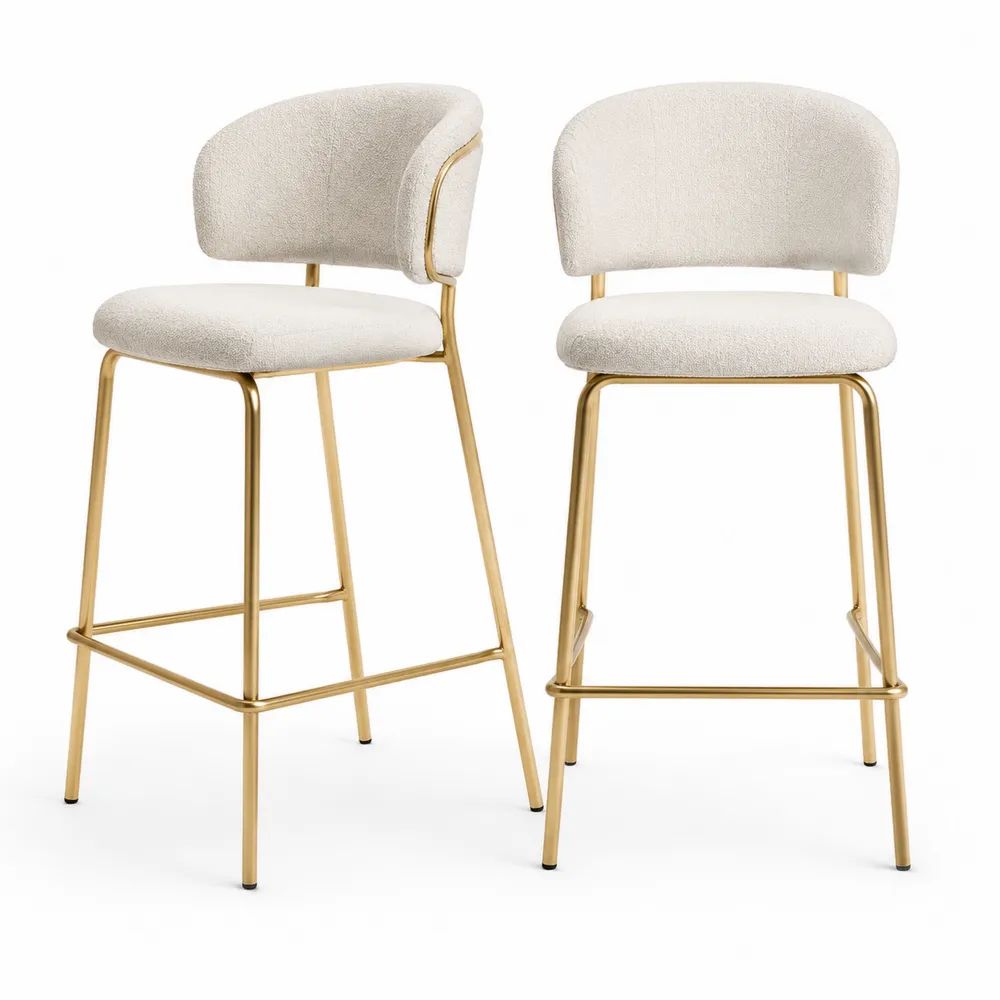 Lot de 2 tabourets de bar en tissu bouclé écru et métal doré avec dossier arrondi, 52 x 53 x 95 cm, assise 65 cm
