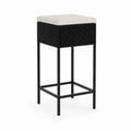 Tabouret de bar carré en résine tressée et acier noir avec coussin crème, 38 x 38 x 76 cm