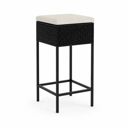 Tabouret de bar carré en résine tressée et acier noir avec coussin crème, 38 x 38 x 76 cm