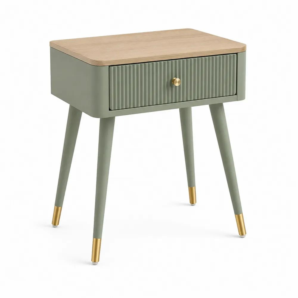 Table de chevet rectangulaire en MDF et hévéa avec 1 tiroir, vert sauge, chêne clair et doré, 40 × 30 × 55 cm