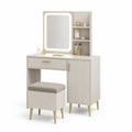 Coiffeuse en bois et acier avec miroir LED, rangements et tabouret, beige et doré, 100 x 40 x 140 cm
