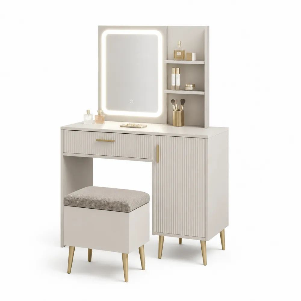 Coiffeuse en bois et acier avec miroir LED, rangements et tabouret, beige et doré, 100 x 40 x 140 cm