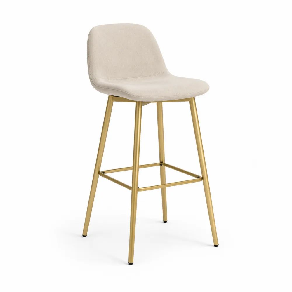 Tabouret de bar rembourré en tissu beige avec dossier et piètement en métal doré, 48 × 52 × 101 cm, hauteur d’assise 72 cm