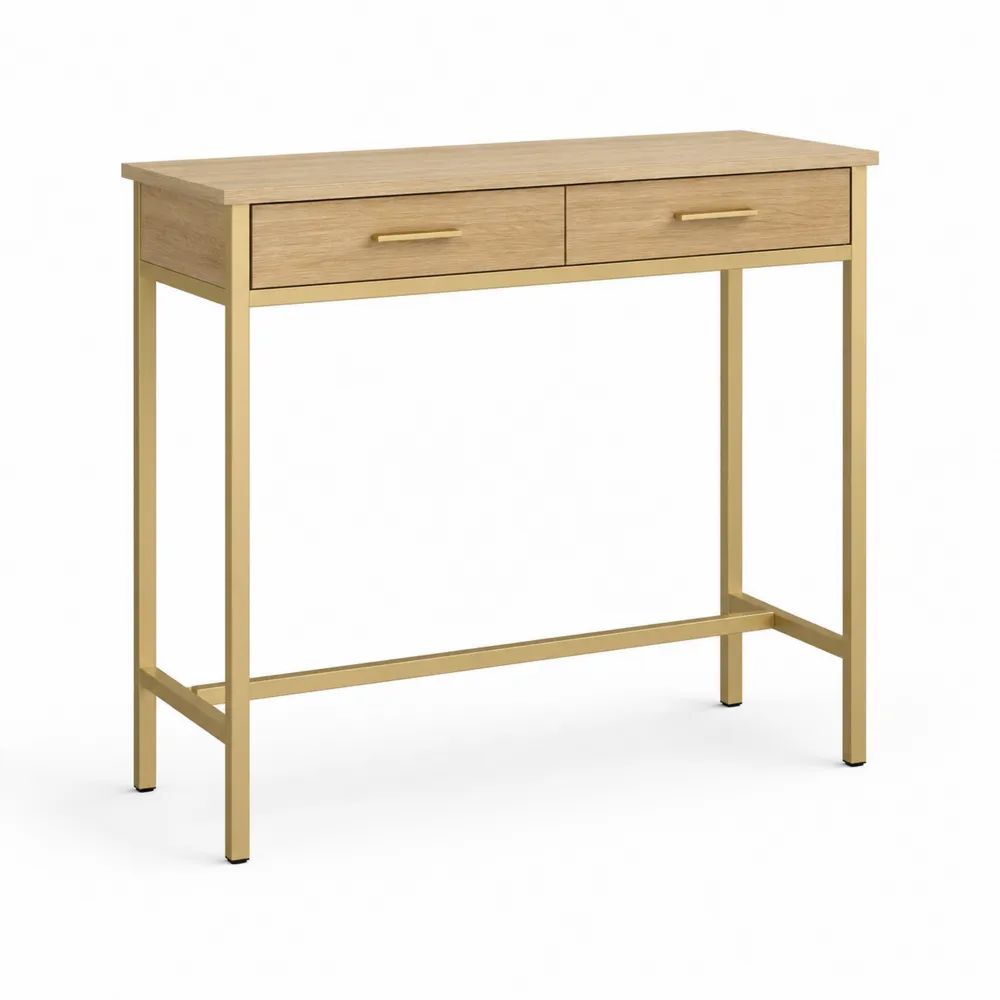 Table de bar rectangulaire avec 2 tiroirs en MDF décor chêne et acier doré, 100 x 35 x 90 cm