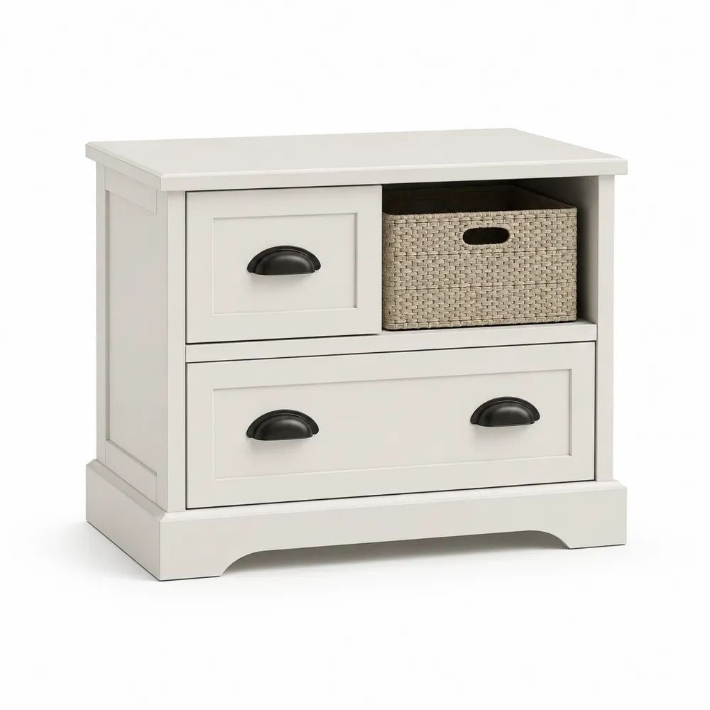 Table de chevet rectangulaire en MDF blanc avec 2 tiroirs, niche et panier beige, 65 × 40 × 62 cm