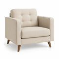 Fauteuil 1 place en tissu beige avec accoudoirs droits et pieds en bois brun, 88 × 82 × 86 cm