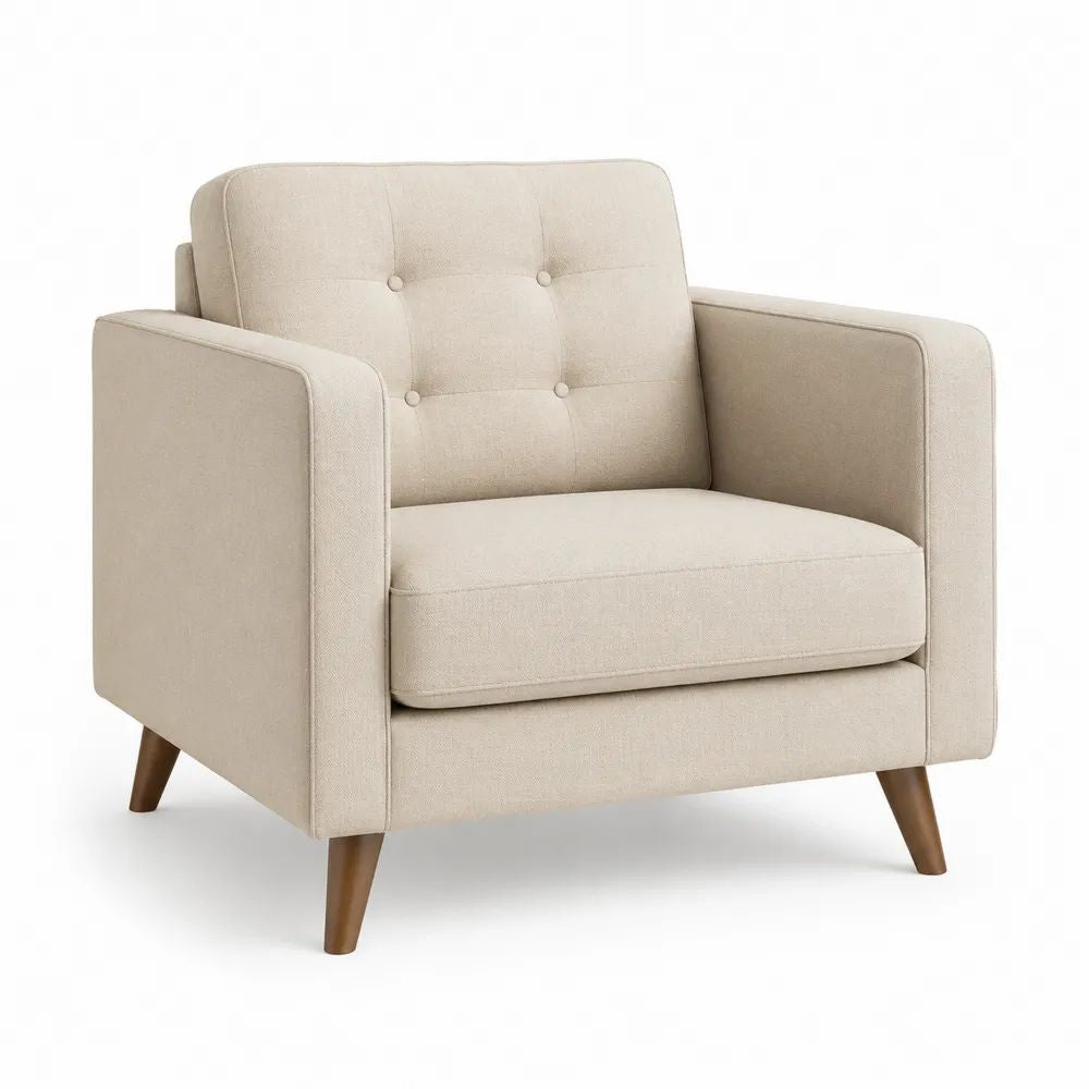 Fauteuil 1 place en tissu beige avec accoudoirs droits et pieds en bois brun, 88 × 82 × 86 cm