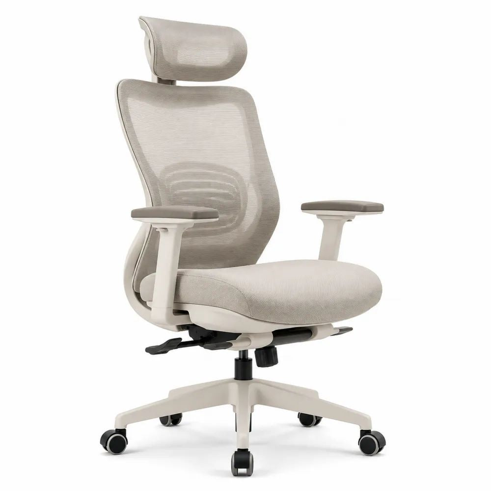 Chaise de bureau ergonomique en maille polyester gris clair, blanc cassé et noir avec appui-tête et accoudoirs réglables, 68 × 68 × 116-126 cm