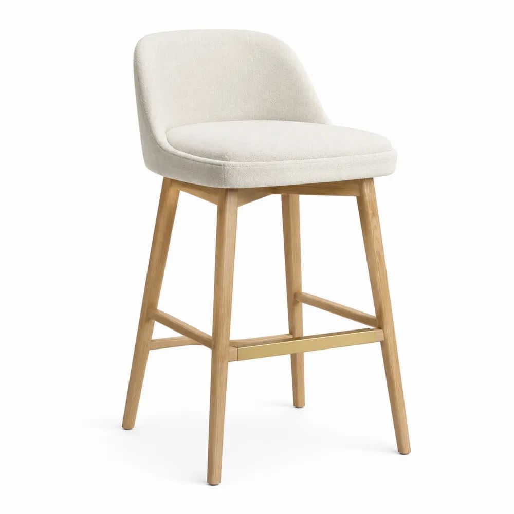 Tabouret de bar rembourré en tissu écru et bois massif naturel avec dossier incurvé, 52 x 55 x 94 cm, hauteur d’assise 67 cm