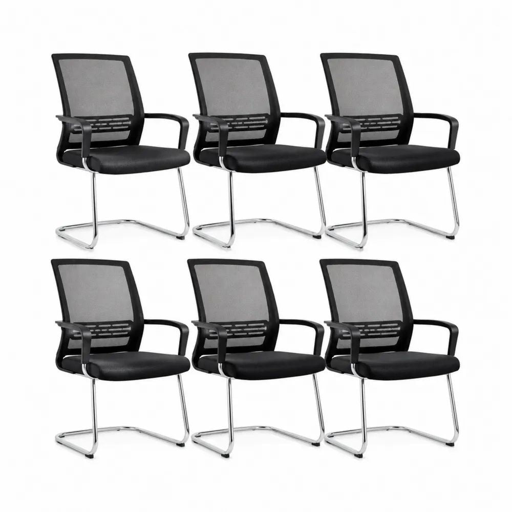 Lot de 6 chaises avec accoudoirs, dossier en maille, assise en similicuir et piètement luge en acier, noir, gris et argenté, 58 × 58 × 94 cm