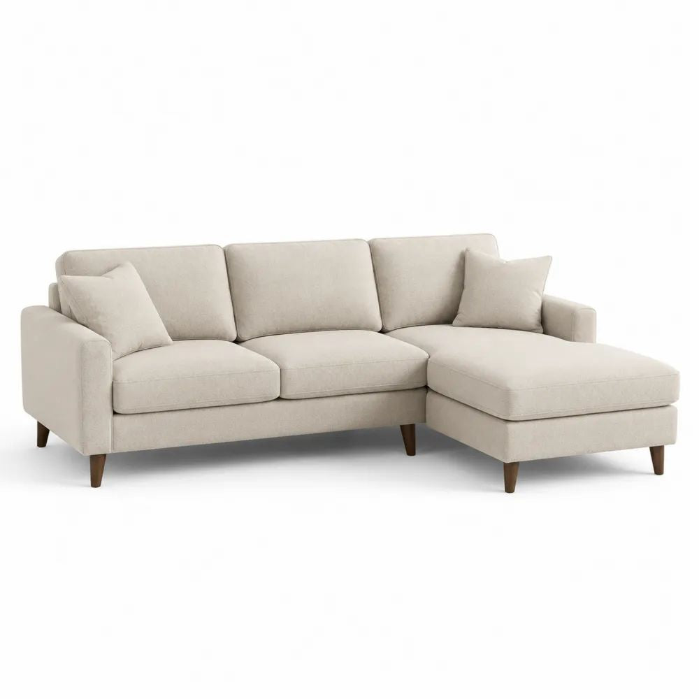 Canapé d’angle 3 places en tissu beige avec méridienne droite, 225 x 145 x 84 cm