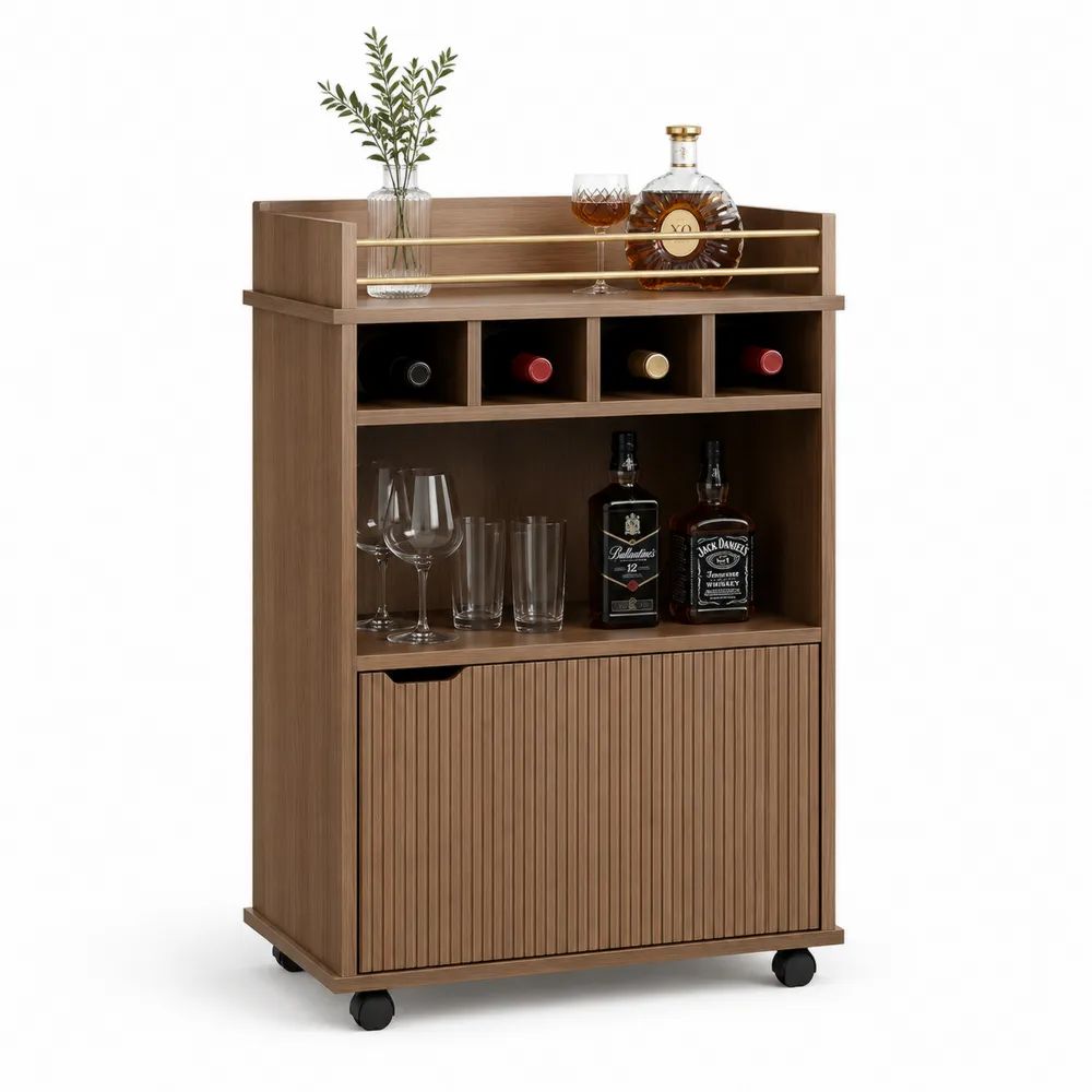 Meuble bar rectangulaire sur roulettes avec range-bouteilles et placard en panneaux de particules mélaminés brun noyer, 80 × 40 × 110 cm