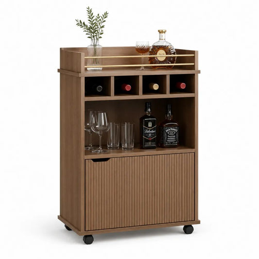 Meuble bar rectangulaire sur roulettes avec range-bouteilles et placard en panneaux de particules mélaminés brun noyer, 80 × 40 × 110 cm
