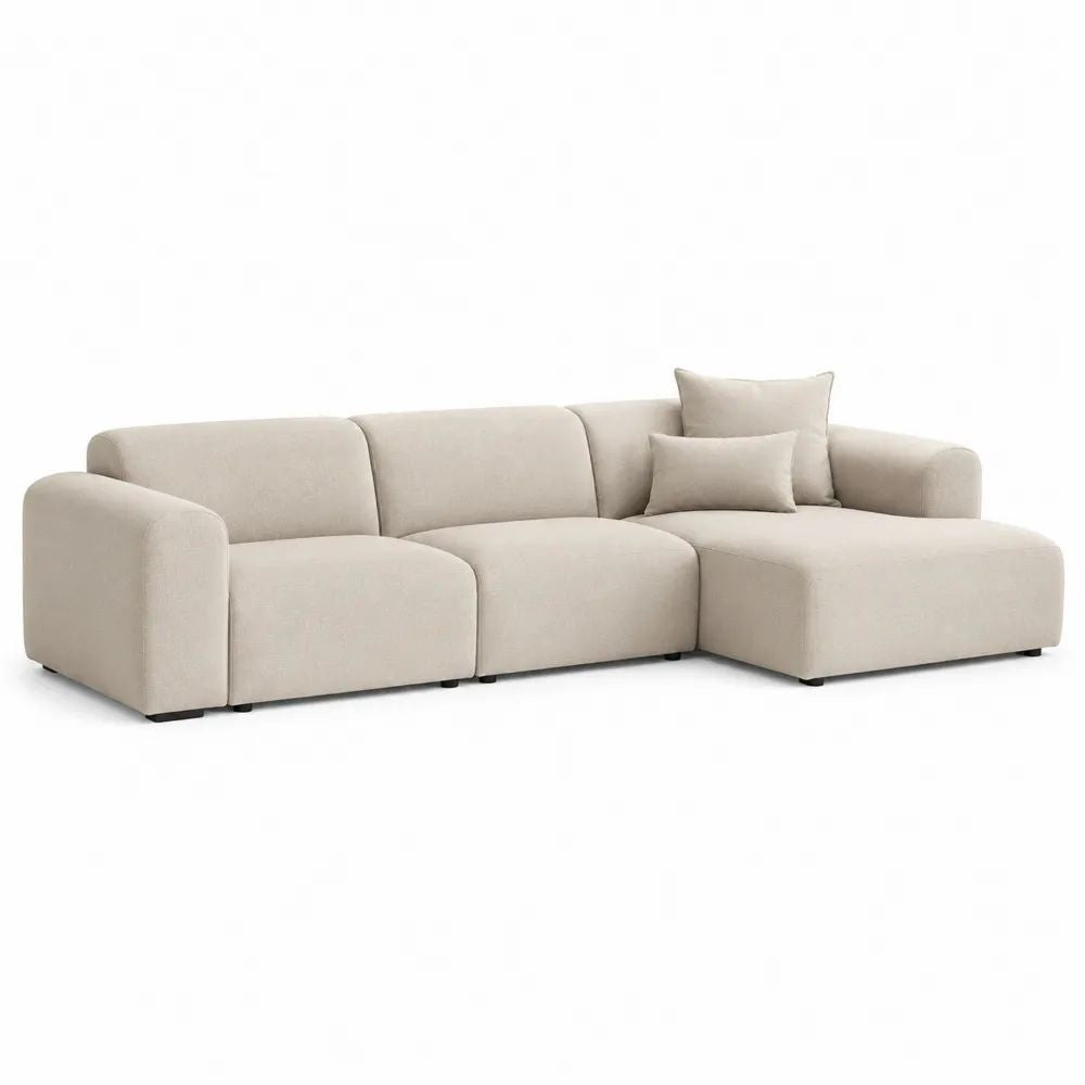 Canapé d’angle modulable 3 places avec méridienne droite, revêtement en polyester bouclé beige, 290 × 170 × 78 cm