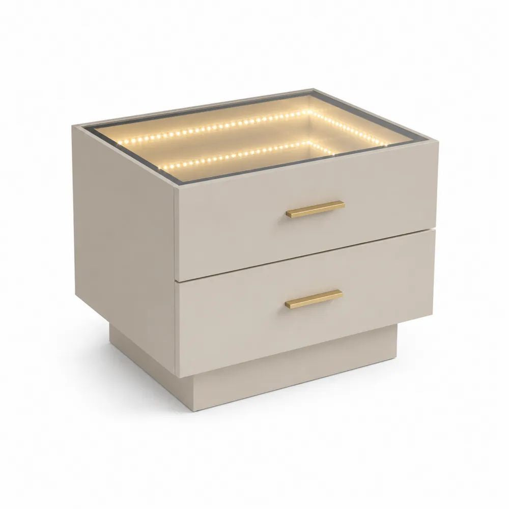 Table de chevet rectangulaire taupe en panneaux de particules, 2 tiroirs, plateau en verre et éclairage LED, 50 x 40 x 50 cm