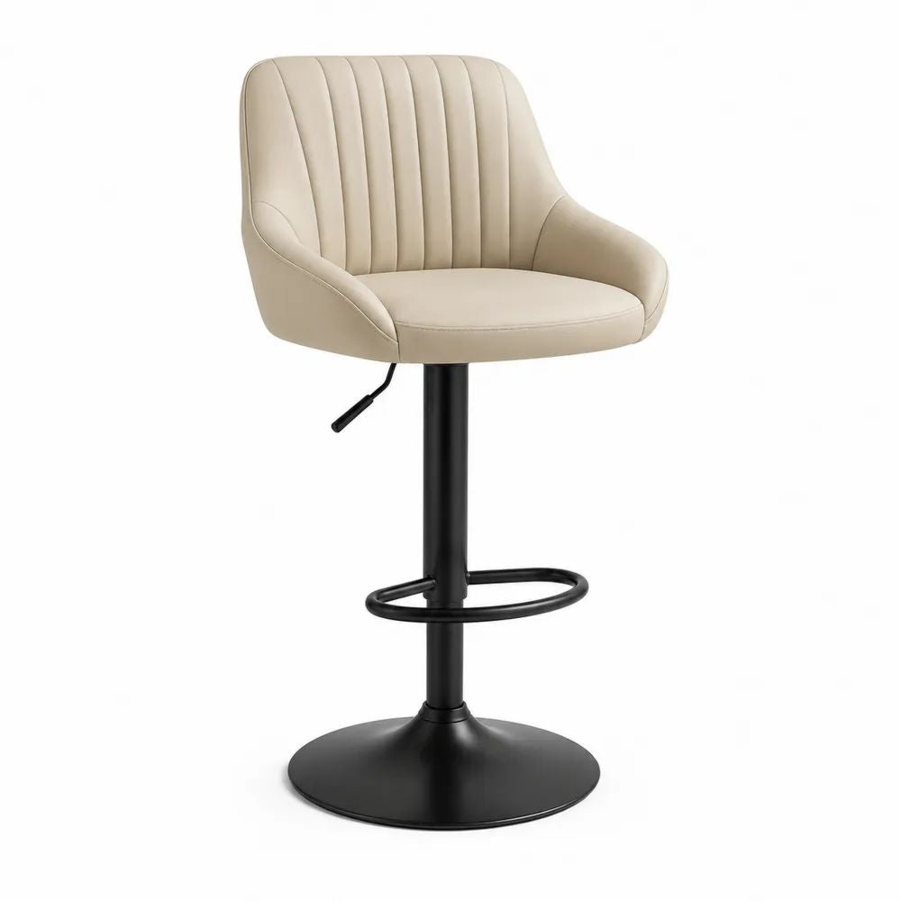 Tabouret de bar pivotant réglable en similicuir beige et acier noir avec dossier arrondi, 56 x 52 x 87-107 cm