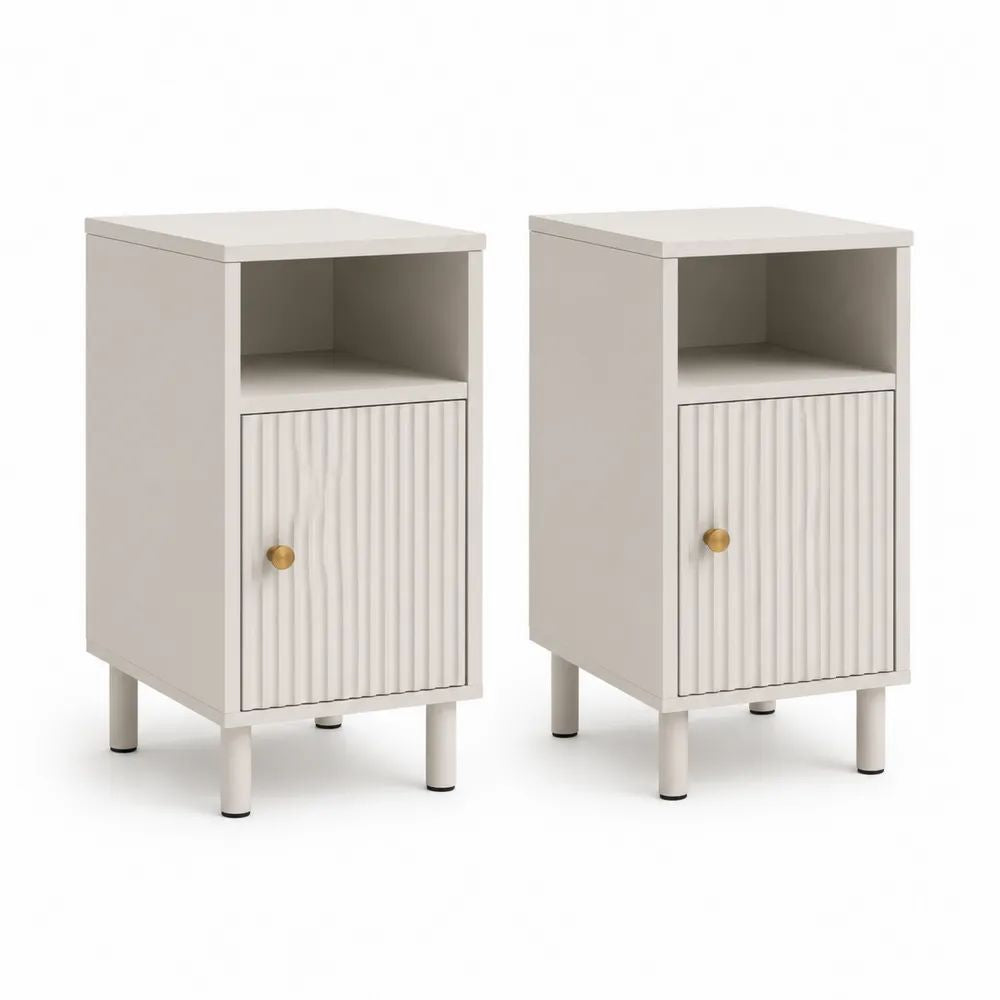 Lot de 2 tables de chevet en MDF avec porte rainurée et niche ouverte, 30 × 30 × 60 cm, blanc cassé et doré