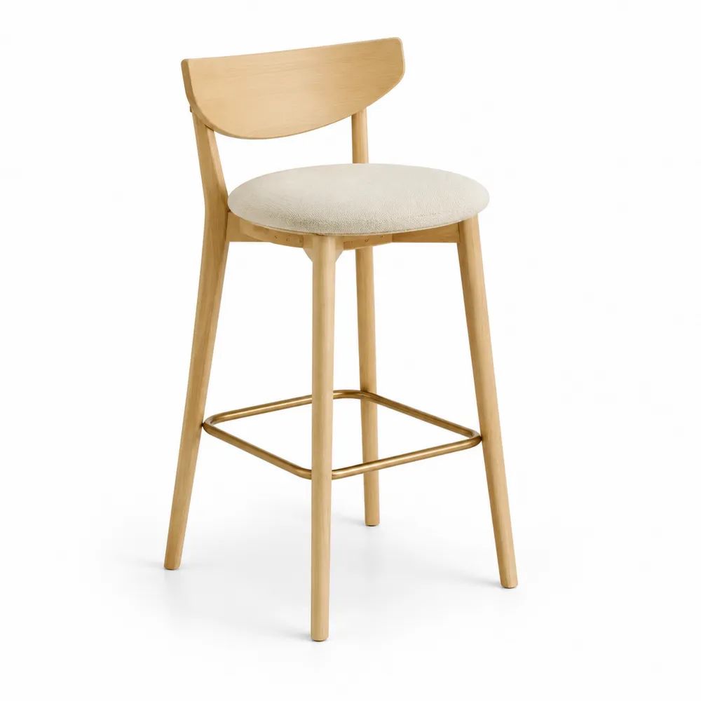 Tabouret de bar avec dossier en bois massif, assise ronde en tissu bouclé beige et repose-pieds en métal finition laiton, 48 × 51 × 99 cm