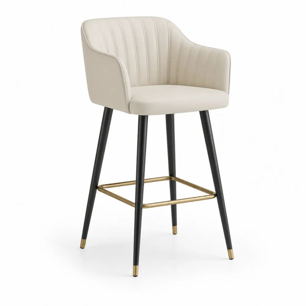 Tabouret de bar avec accoudoirs en similicuir PU crème, pieds en acier noir et doré, 57 × 55 × 98 cm, hauteur d’assise 68 cm