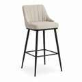 Tabouret de bar rembourré en tissu beige avec dossier, accoudoirs, repose-pieds et pieds en acier noir, 50 x 52 x 101 cm