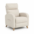 Fauteuil relax manuel en tissu bouclé crème avec pieds en bois naturel clair, dossier haut et repose-pieds intégré, 76 × 90 × 105 cm