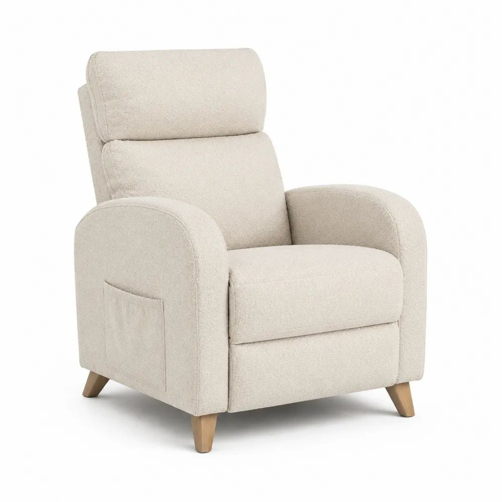 Fauteuil relax manuel en tissu bouclé crème avec pieds en bois naturel clair, dossier haut et repose-pieds intégré, 76 × 90 × 105 cm