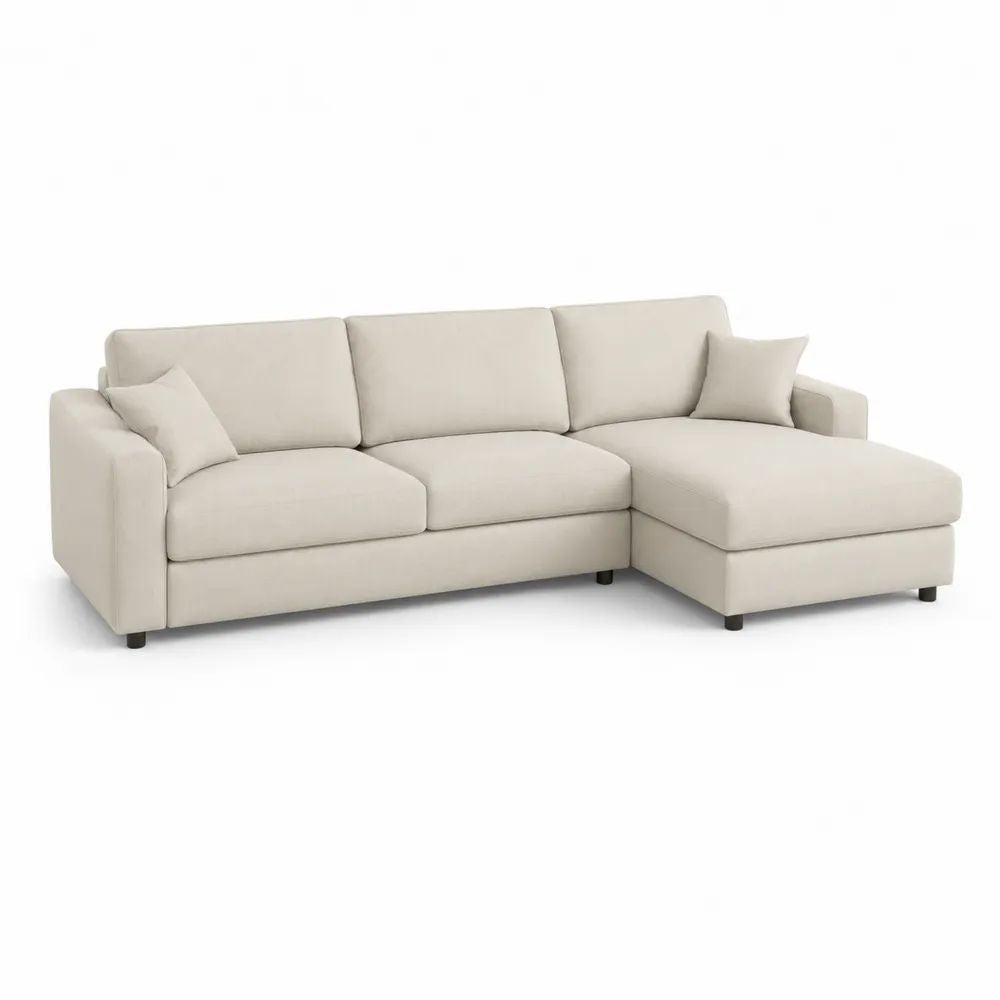 Canapé d’angle droit 3 places en tissu beige avec méridienne fixe, 260 × 160 × 85 cm