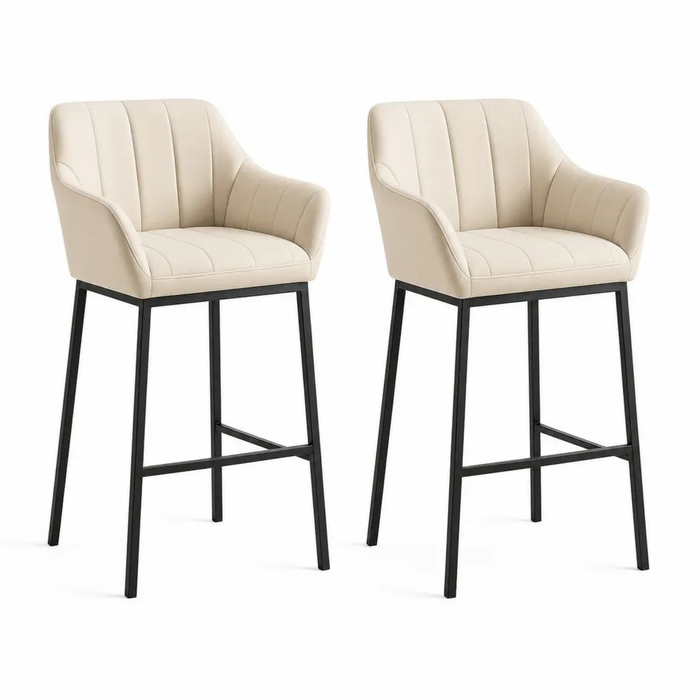 Lot de 2 tabourets de bar en similicuir crème avec accoudoirs et piètement en acier noir, 55 × 56 × 101 cm
