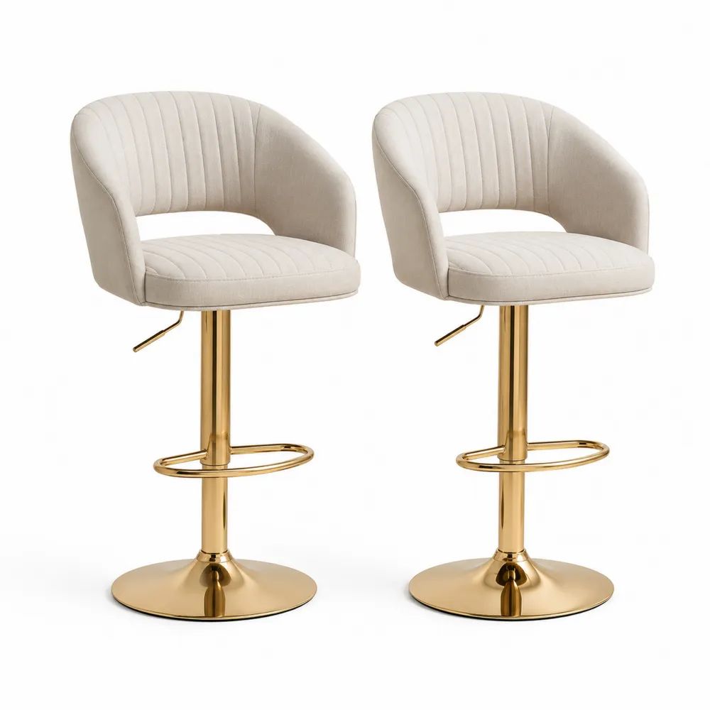Lot de 2 tabourets de bar réglables et pivotants en velours beige et métal doré, 54 × 51 × 88-108 cm