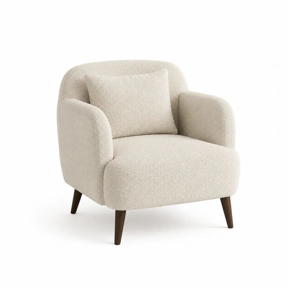 Fauteuil de salon 1 place en tissu bouclette écru avec pieds en bois brun foncé, 80 x 78 x 79 cm