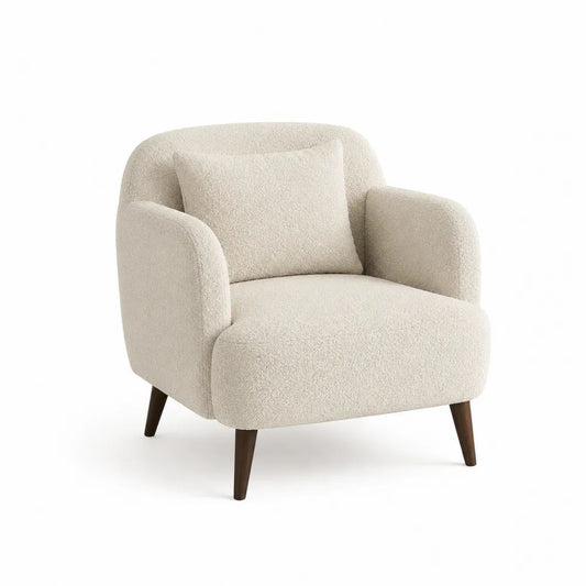 Fauteuil de salon 1 place en tissu bouclette écru avec pieds en bois brun foncé, 80 x 78 x 79 cm