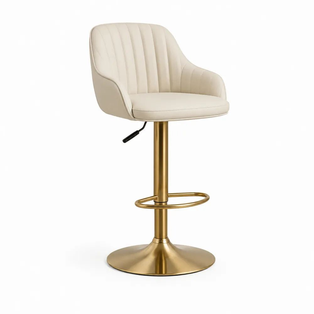 Tabouret de bar réglable et pivotant en similicuir et acier beige et doré, 55 x 52 x 87-108 cm