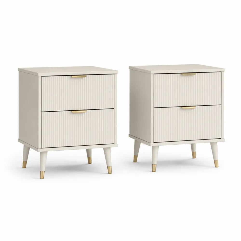 Lot de 2 tables de chevet en bois et métal blanc cassé et doré avec 2 tiroirs, 45 x 35 x 60 cm