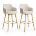 Lot de 2 tabourets de bar en tissu beige avec accoudoirs, pieds en bois massif et repose-pieds en métal doré, 54 × 55 × 96 cm